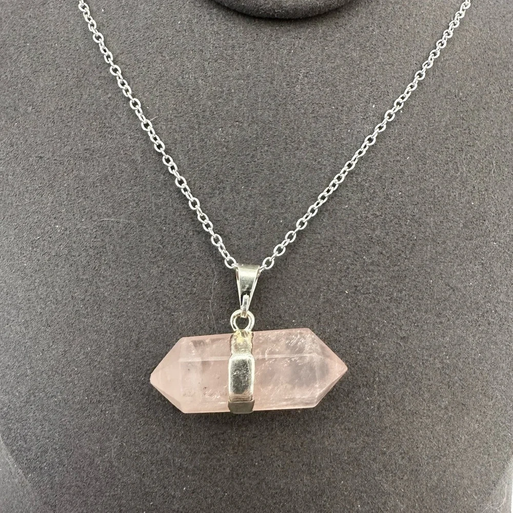 Double Terminated Rose Quartz Pendant on Silver Box Chain - Picture 5 of 8